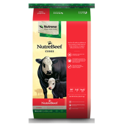 Nutrena NutreBeef Cubes. Cattle feed. Red feed bag.