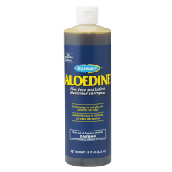 Farnam Aloedine Aloe Vera & Iodine Medicated Shampoo. Plastic bottle with blue label and white cap.