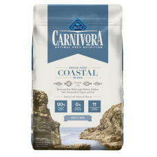 Blue Buffalo Carnivora Coastal Blend Grain-Free Adult Dry Dog Food. White and blue dog food bag.
