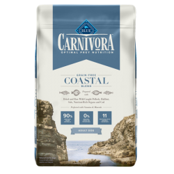 Blue Buffalo Carnivora Coastal Blend Grain-Free Adult Dry Dog Food. White and blue dog food bag.