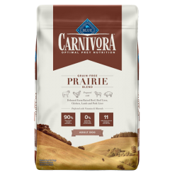 Blue Buffalo Carnivora Prairie Blend Grain-Free Adult Dry Dog Food. Tan and white feed bag.