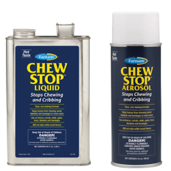 Farnam Chew Stop Chew Deterrent. Product size group. Metal containers with blue labels. Horse health product. 