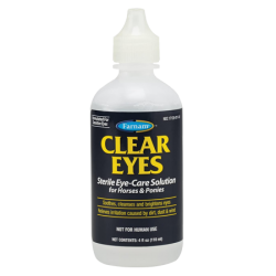 Farnam Clear Eyes. White plastic eye dropper bottle. Blue label. Horse health product.