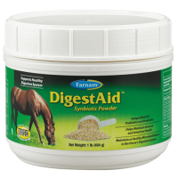 Farnam DigestAid Powder. White plastic jar. Green equine health product label.