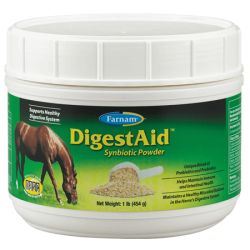 Farnam DigestAid Powder. White plastic jar. Green equine health product label.