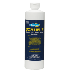 Farnam Excalibur Sheath and Udder Cleaner For Horses. Tall white plastic bottle with cap. Blue equine product label. 