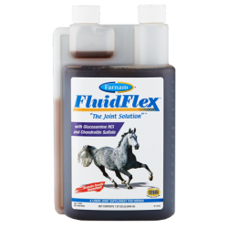 Farnam FluidFlex Joint Supplement. Frosted plastic container with duel caps. White equine product label. Joint supplement for horses.