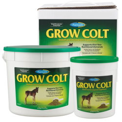 Farnam Grow Colt Growth & Development Powdered Supplement. Product size group. White plastic containers. Green equine supplement label. 