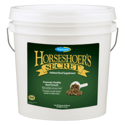 Farnam Horseshoer’s Secret Horse Pellet. White plastic pail. Green equine product container. Horse hoof supplement.