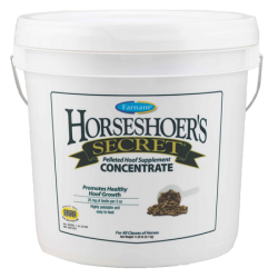 Farnam Horseshoer’s Secret Concentrate. White plastic pail. White equine supplement product label.