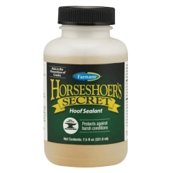 Farnam Horseshoer’s Secret Hoof Sealant. Frosted whited plastic bottle with black cap.  Horse hoof care product. 