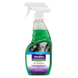 Farnam Vetrolin Green Spot Out. Equine grooming products. Clear spray bottle.