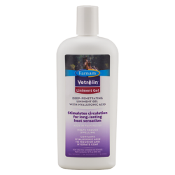 Farnam Vetrolin Liniment Gel With Hyaluronic Acid. Horse health product. White bottle.