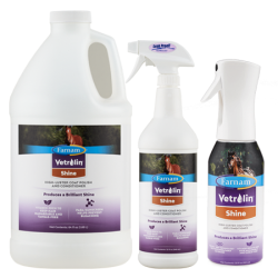 Farnam Vetrolin Shine Coat Polish and Conditioner. Equine grooming products. Multiple white containers.