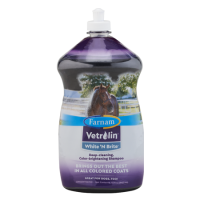 Farnam Vetrolin White ‘N Brite Shampoo. Equine grooming product. Plastic bottle.