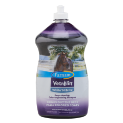 Farnam Vetrolin White ‘N Brite Shampoo. Equine grooming product. Plastic bottle.