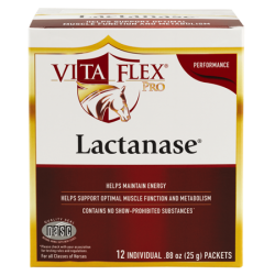 Vita Flex Lactanase Performance Supplement. Equine health product. Red and white box.