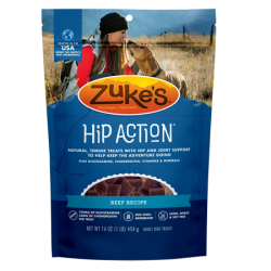 Zuke’s Hip & Joint Beef Recipe Dog Treats. Colorful blue feed bag.