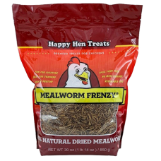 Happy Hen Treats Mealworm Frenzy Chicken Treats. Red and orange poultry treat bag.