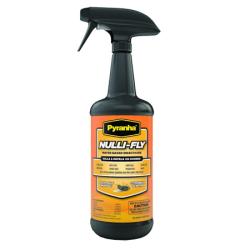 Pyranha Nulli-Fly Horse Insecticide Spray. Black spray bottle, 32-oz