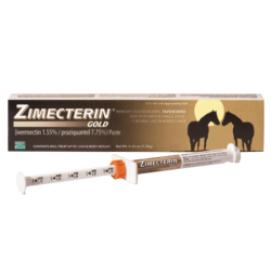 Zimecterin Gold Horse Wormer. Equine health product. Brown box with syringe. 