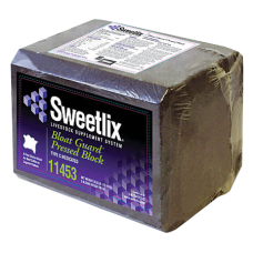 Sweetlix Bloat Guard Pressed Block. Brown block with purple product label.