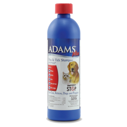 Adams Plus Flea & Tick Shampoo With Precor. Blue plastic bottle with red cap. Medicated pet grooming product