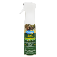 Farnam Dual Defense Insect Repellent For Horse And Rider. Tall white spray can. Colorful green equine insect control label.