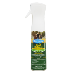 Farnam Dual Defense Insect Repellent For Horse And Rider. Tall white spray can. Colorful green equine insect control label.