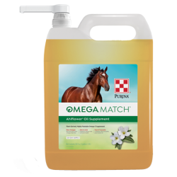 Purina Omega Match AhiFlower Oil Supplement. Plastic dispenser container. Equine supplement.