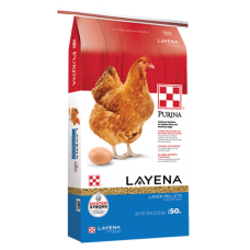 Purina Layena Pellets. Red, white and bright blue poultry feed bag. Red chicken with egg.