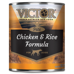 Victor Chicken and Rice Formula Pâté. Bronze and black dog food can.