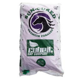 Cubeit Premium Alfalfa Cubes. White plastic bag. Horse logo. Forage cubes for horses.