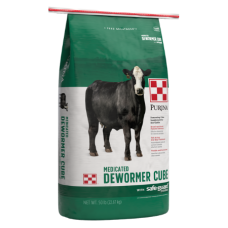 Purina Cattle Dewormer Cube with Safe-Guard. Green and white feed bag.