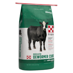 Purina Cattle Dewormer Cube with Safe-Guard. Green and white feed bag.