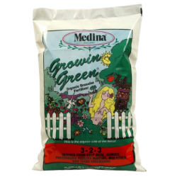 Medina Growin Green Organic Fertilizer. White plastic fertilizer bag. Color garden. Organic Fertilizer