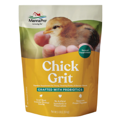Yellow bag with a chick on it of Manna Pro Chick Grit with Probiotics