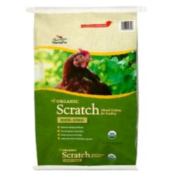 Manna Pro Organic Scratch Grains. Tan and green poultry feed bag.