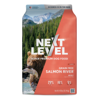 Next Level Grain Free Salmon River. Dry dog food bag.