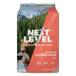 Next Level Grain Free Salmon River. Dry dog food bag.