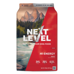 Next Level Hi-Energy Adult. Dry dog food in 40-lb bag.