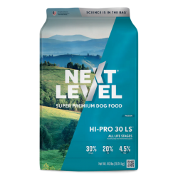 Next Level Hi-Pro 30 LS All Life Stages. Dry dog food bag. Available in 4-lb bag.