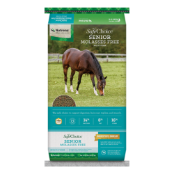 Nutrena SafeChoice Senior Molasses Free Horse Feed. Colorful equine feed bag.