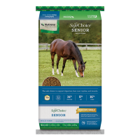 Nutrena SafeChoice Senior Horse Feed. Colorful equine feed bag.