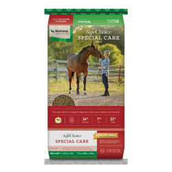 Nutrena SafeChoice Special Care Horse Feed. Colorful red equine feed bag.