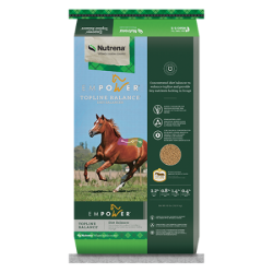 Empower® Topline Balance® Diet Balancer. Green feed bag featuring brown horse.