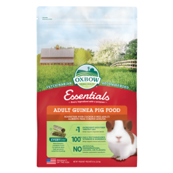 red and green bag of Oxbow Essentials Adult Guinea Pig Food with guinea pig pictured