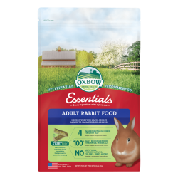 red and green bag of Oxbow Essentials Adult Rabbit Food with rabbit on front