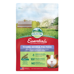 red and green bag of Oxbow Essentials Young Guinea Pig Food with guinea pig pictured