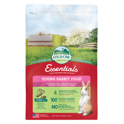 red and green bag of Oxbow Essentials Young Rabbit Food with rabbit pictured
